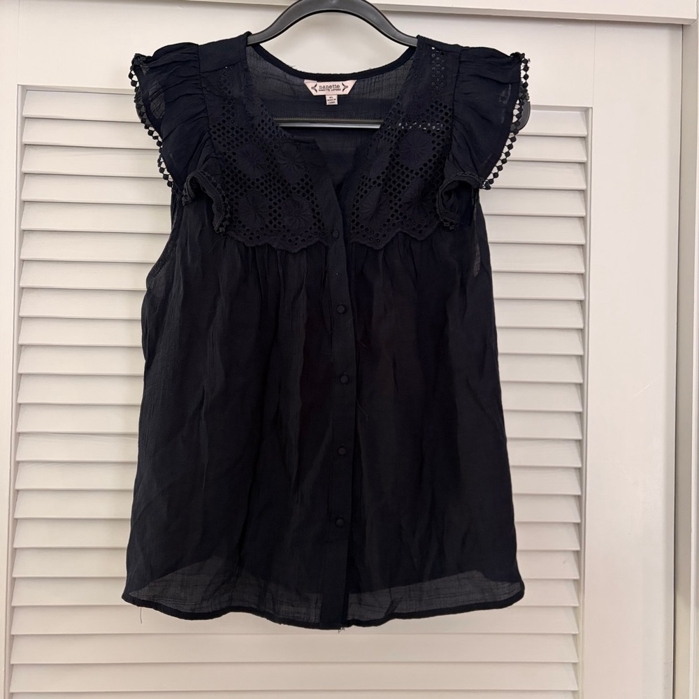 Nanette Lepore Navy Eyelet Flutter Sleeve Blouse